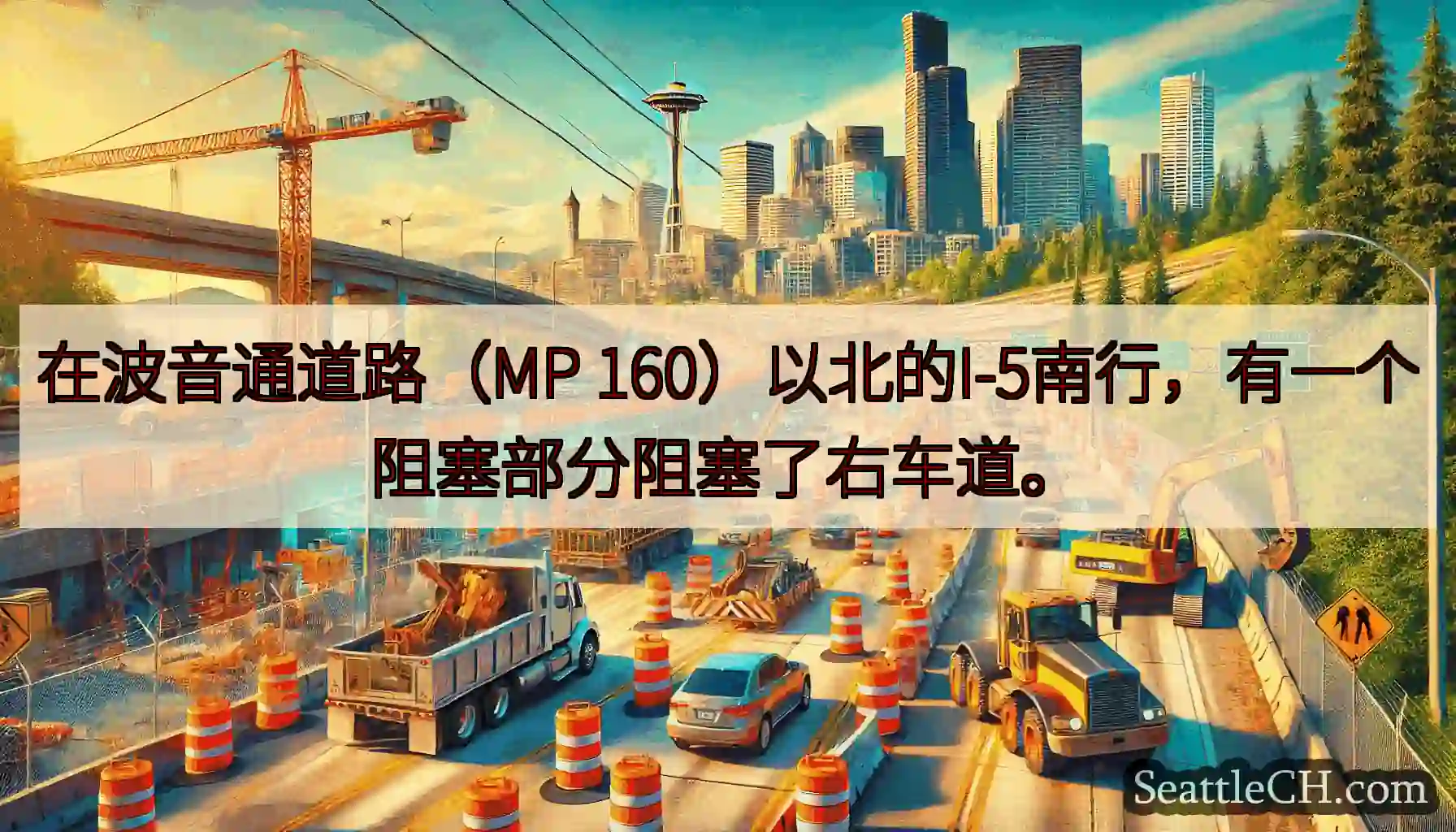 在波音通道路（MP 160）以北的I-5南行，有一个阻塞部分阻塞了右车道。