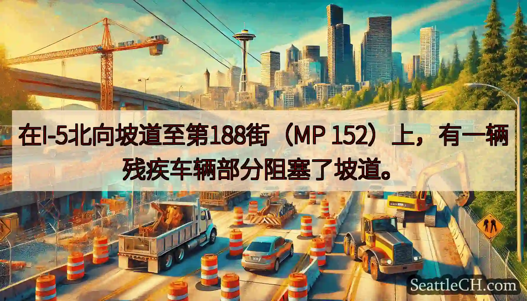 在I-5北向坡道至第188街（MP 152）上，有一辆残疾车辆部分阻塞了坡道。
