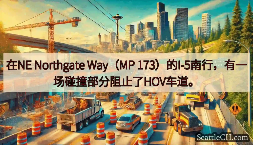 在NE Northgate Way（MP 173）的I-5南行，有一场碰撞部分阻止了HOV车道。