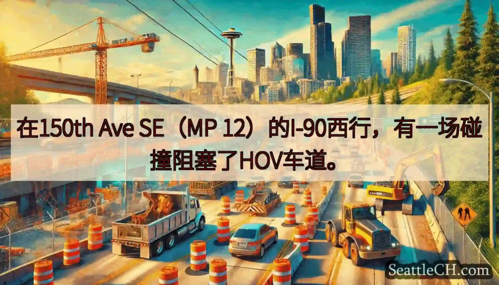 在150th Ave SE（MP 12）的I-90西行，有一场碰撞阻塞了HOV车道。