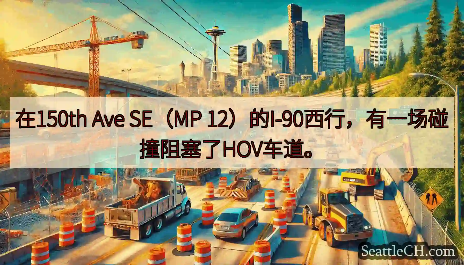 在150th Ave SE（MP 12）的I-90西行，有一场碰撞阻塞了HOV车道。