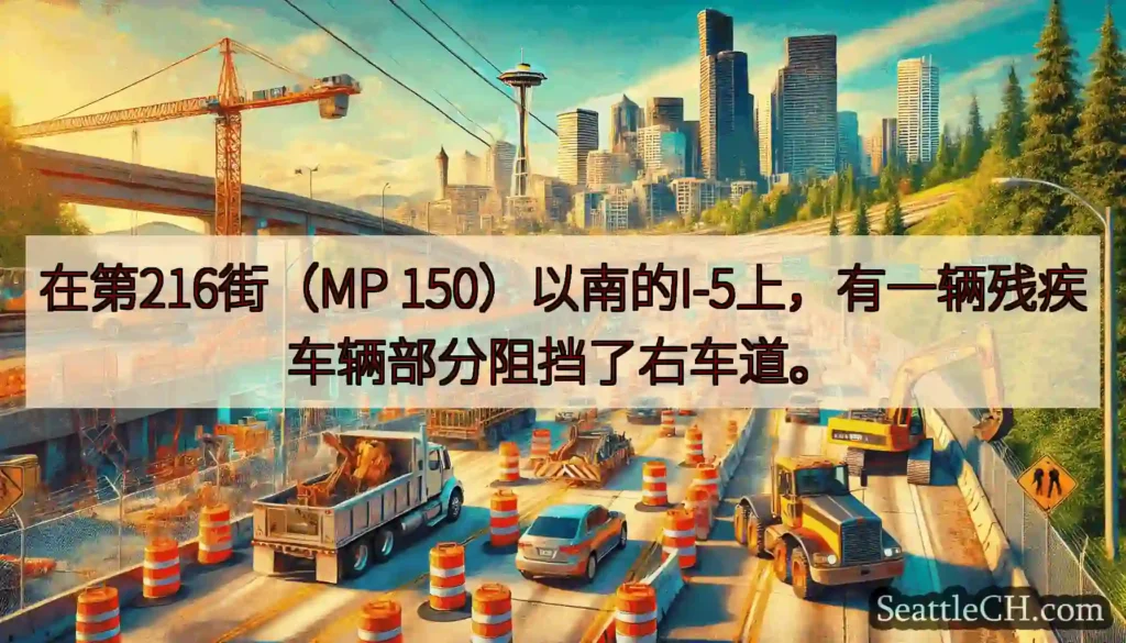 在第216街（MP 150）以南的I-5上，有一辆残疾车辆部分阻挡了右车道。