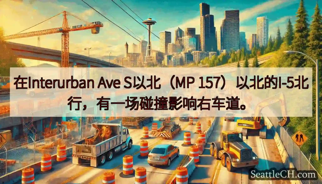 在Interurban Ave S以北（MP 157）以北的I-5北行，有一场碰撞影响右车道。