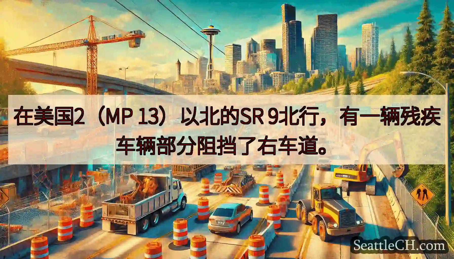 在美国2（MP 13）以北的SR 9北行，有一辆残疾车辆部分阻挡了右车道。