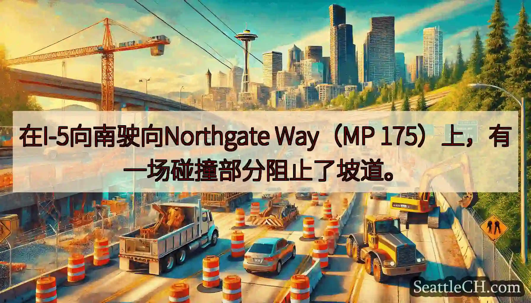 在I-5向南驶向Northgate Way（MP 175）上，有一场碰撞部分阻止了坡道。