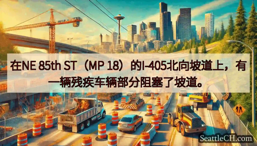 在NE 85th ST（MP 18）的I-405北向坡道上，有一辆残疾车辆部分阻塞了坡道。