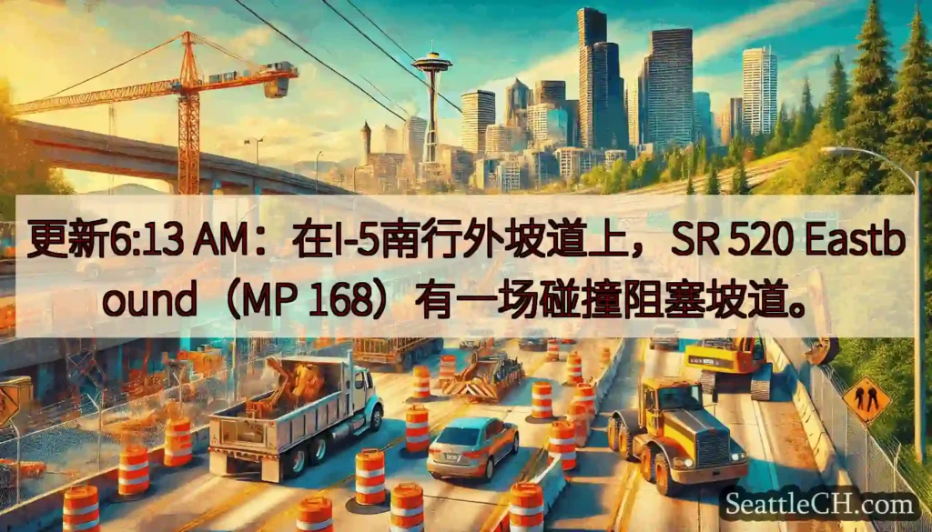 更新6:13 AM：在I-5南行外坡道上，SR 520 Eastbound（MP