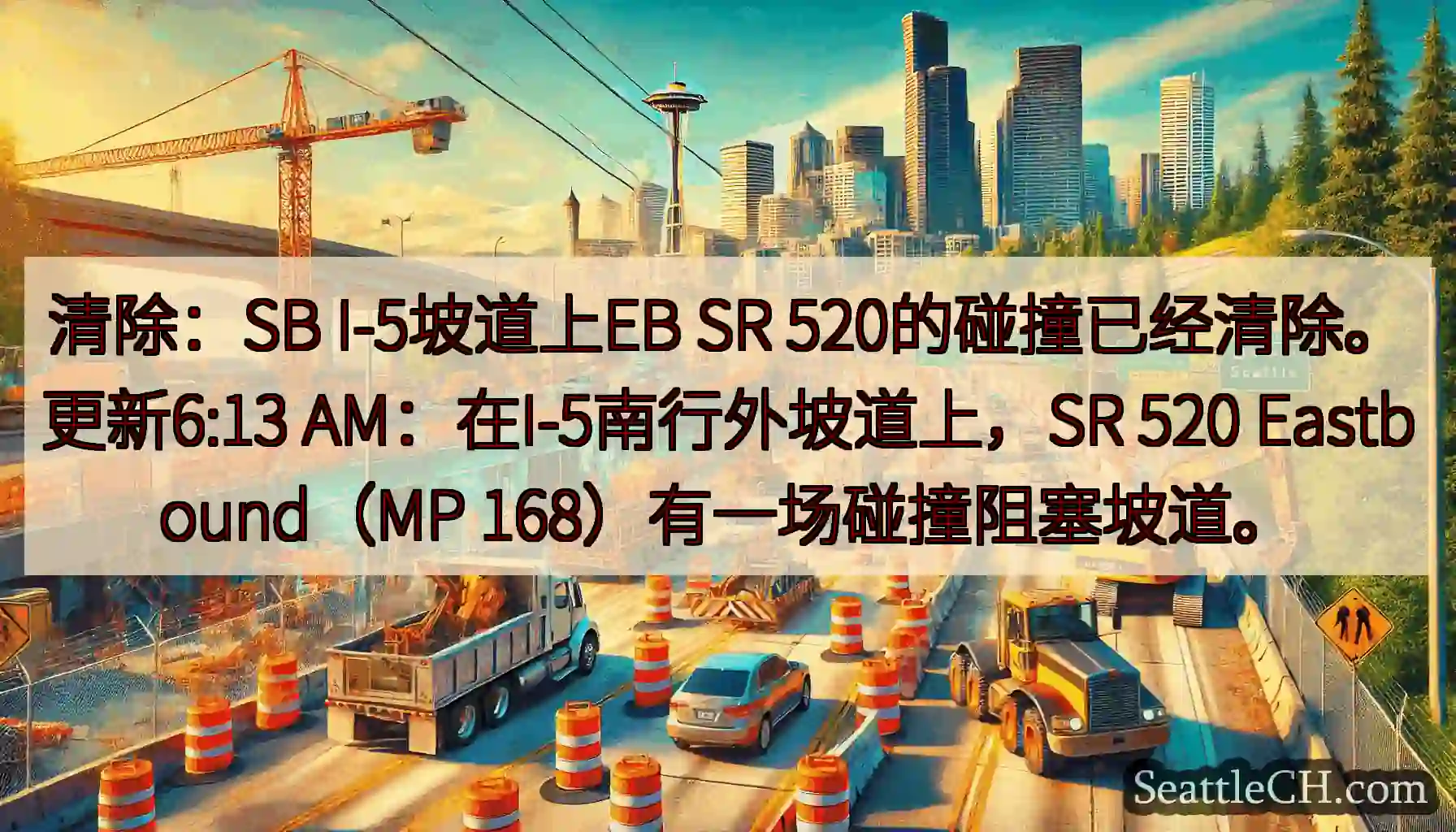 清除：SB I-5坡道上EB SR 520的碰撞已经清除。更新6:13