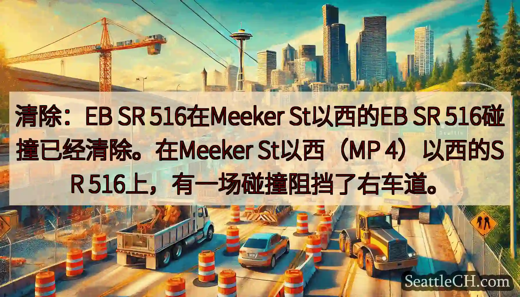 清除：EB SR 516在Meeker St以西的EB SR 516碰撞已经清除。在Meeker
