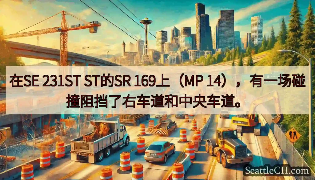 在SE 231ST ST的SR 169上（MP 14），有一场碰撞阻挡了右车道和中央车道。