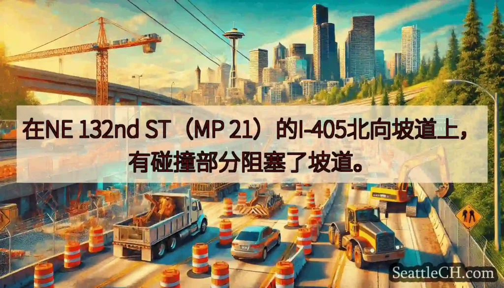 在NE 132nd ST（MP 21）的I-405北向坡道上，有碰撞部分阻塞了坡道。