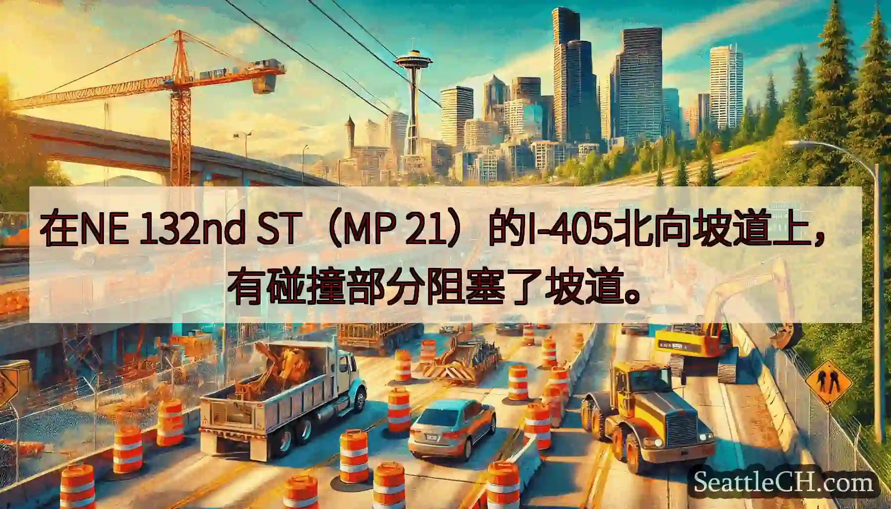 在NE 132nd ST（MP 21）的I-405北向坡道上，有碰撞部分阻塞了坡道。