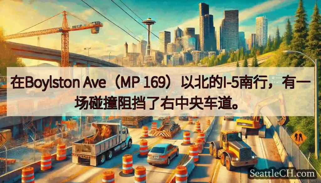 在Boylston Ave（MP 169）以北的I-5南行，有一场碰撞阻挡了右中央车道。