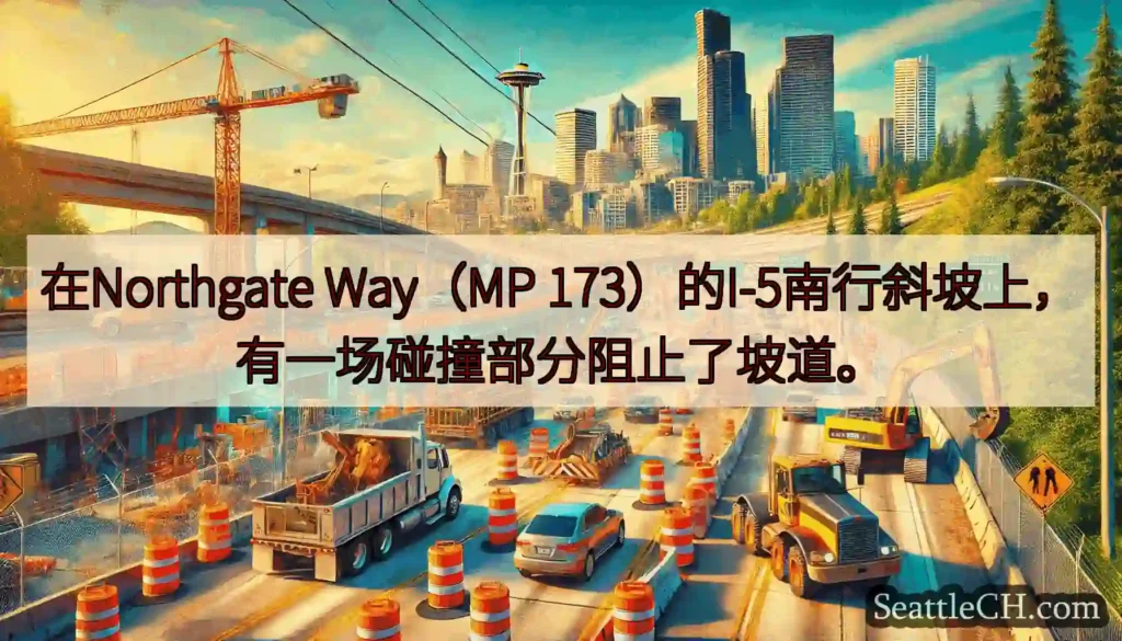 在Northgate Way（MP 173）的I-5南行斜坡上，有一场碰撞部分阻止了坡道。