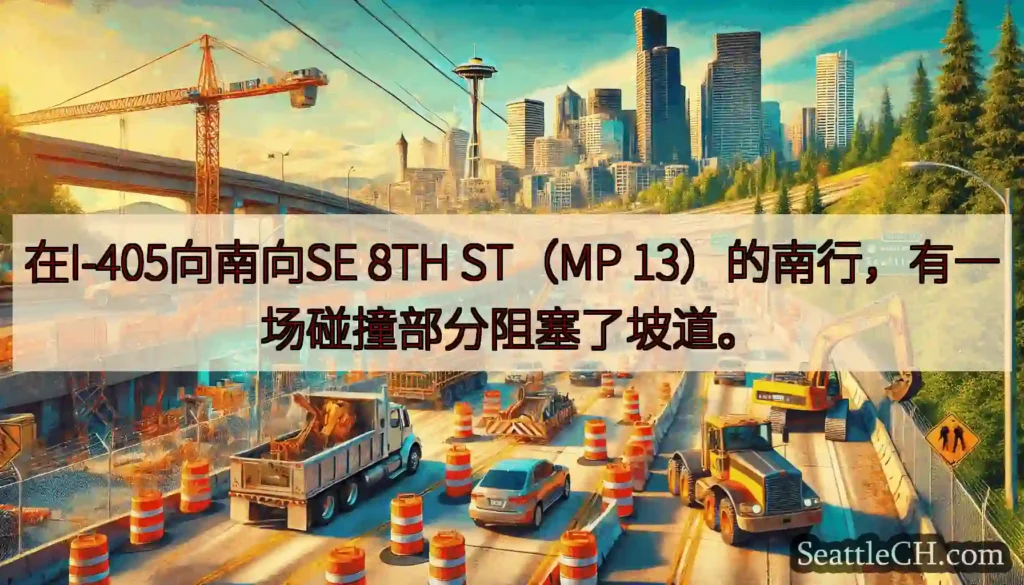 在I-405向南向SE 8TH ST（MP 13）的南行，有一场碰撞部分阻塞了坡道。