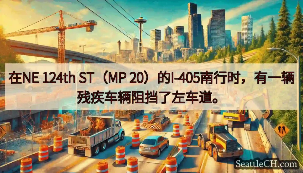 在NE 124th ST（MP 20）的I-405南行时，有一辆残疾车辆阻挡了左车道。