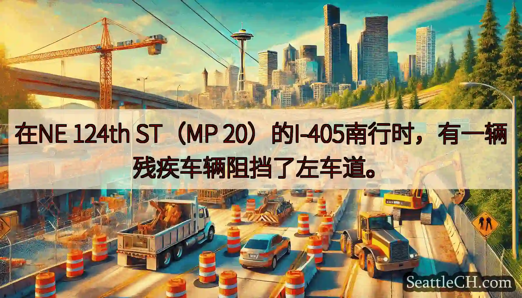 在NE 124th ST（MP 20）的I-405南行时，有一辆残疾车辆阻挡了左车道。