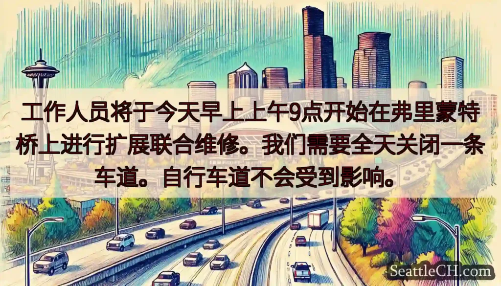 工作人员将于今天早上上午9点开始在弗里蒙特桥上进行扩展联合维修。我们需要全天关闭一条车道。自行车道不
