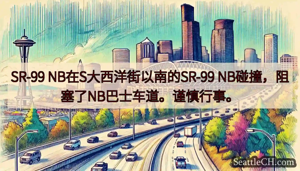SR-99 NB在S大西洋街以南的SR-99 NB碰撞，阻塞了NB巴士车道。谨慎行事。