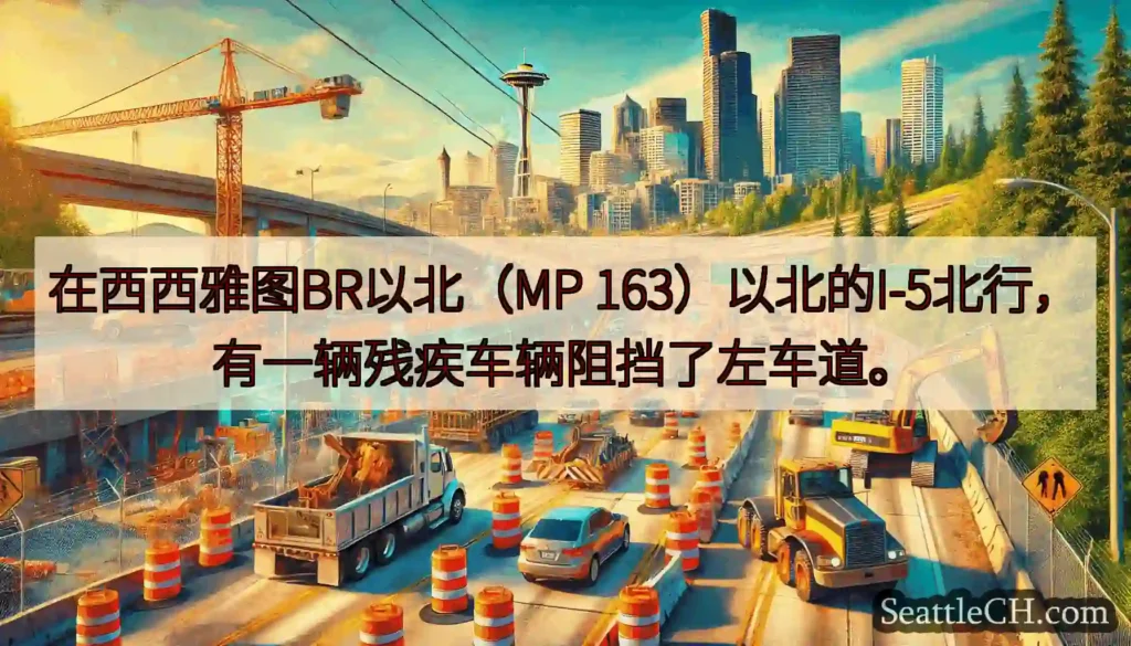 在西西雅图BR以北（MP 163）以北的I-5北行，有一辆残疾车辆阻挡了左车道。
