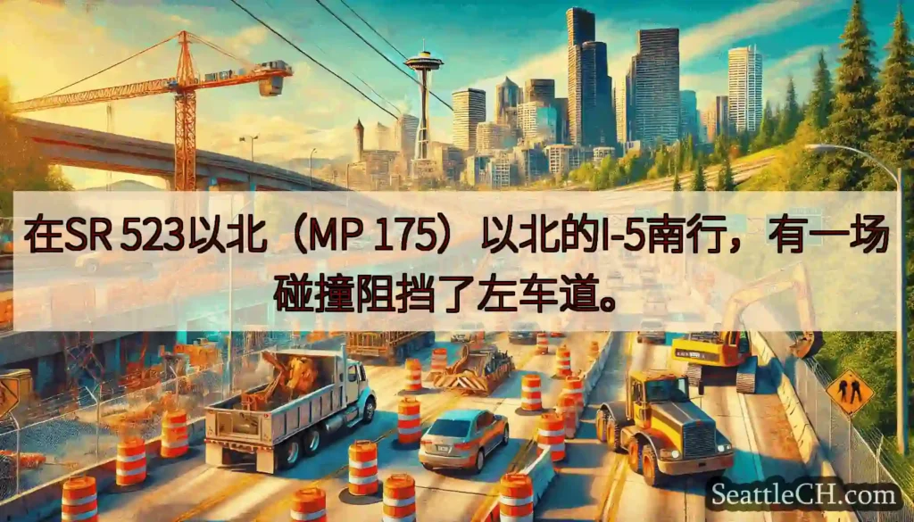 在SR 523以北（MP 175）以北的I-5南行，有一场碰撞阻挡了左车道。