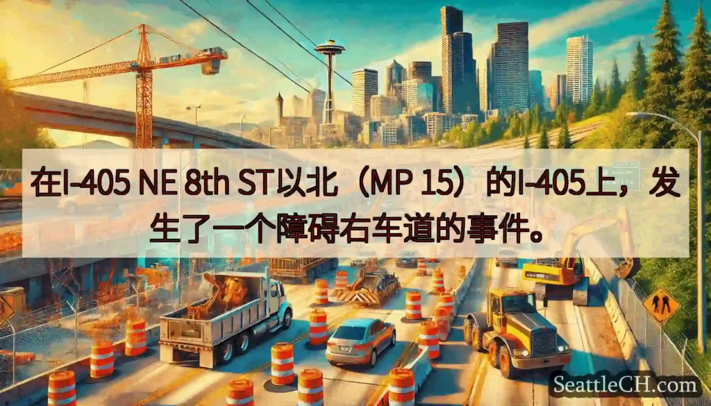 在I-405 NE 8th ST以北（MP 15）的I-405上，发生了一个障碍右车道的事件。
