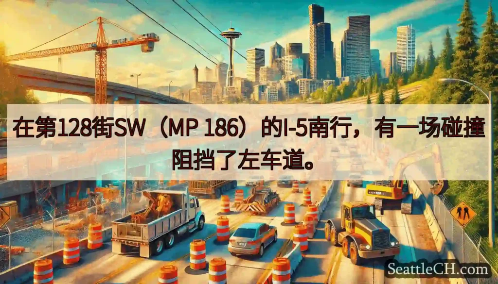 在第128街SW（MP 186）的I-5南行，有一场碰撞阻挡了左车道。