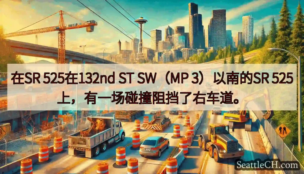 在SR 525在132nd ST SW（MP 3）以南的SR 525上，有一场碰撞阻挡了右车道。