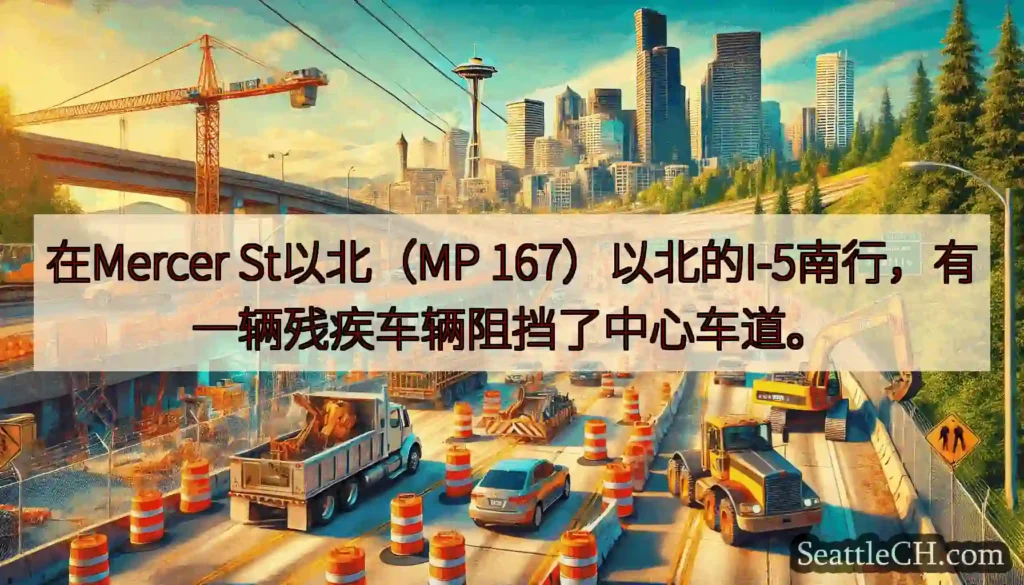 在Mercer St以北（MP 167）以北的I-5南行，有一辆残疾车辆阻挡了中心车道。
