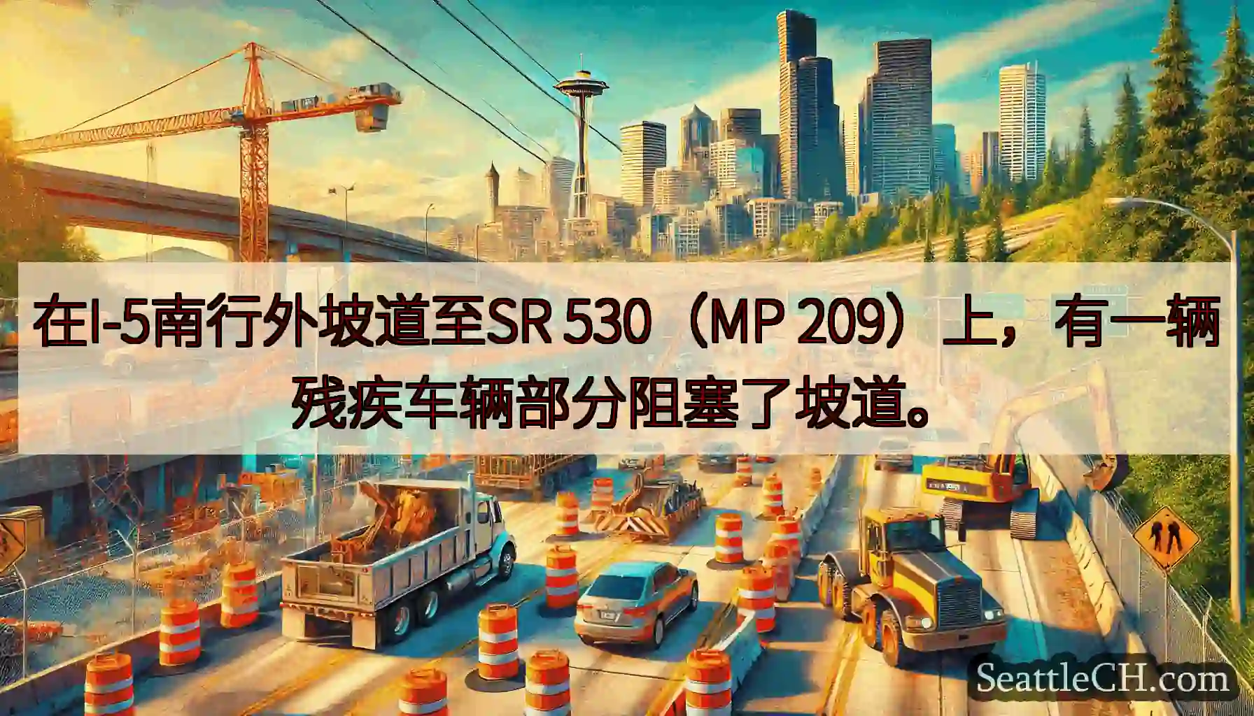 在I-5南行外坡道至SR 530（MP 209）上，有一辆残疾车辆部分阻塞了坡道。