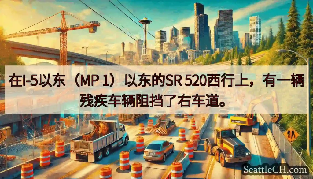 在I-5以东（MP 1）以东的SR 520西行上，有一辆残疾车辆阻挡了右车道。