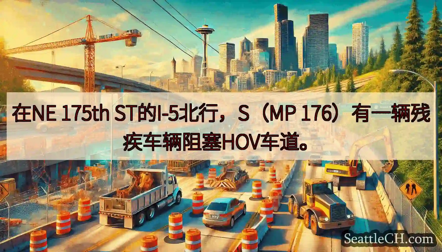 在NE 175th ST的I-5北行，S（MP 176）有一辆残疾车辆阻塞HOV车道。