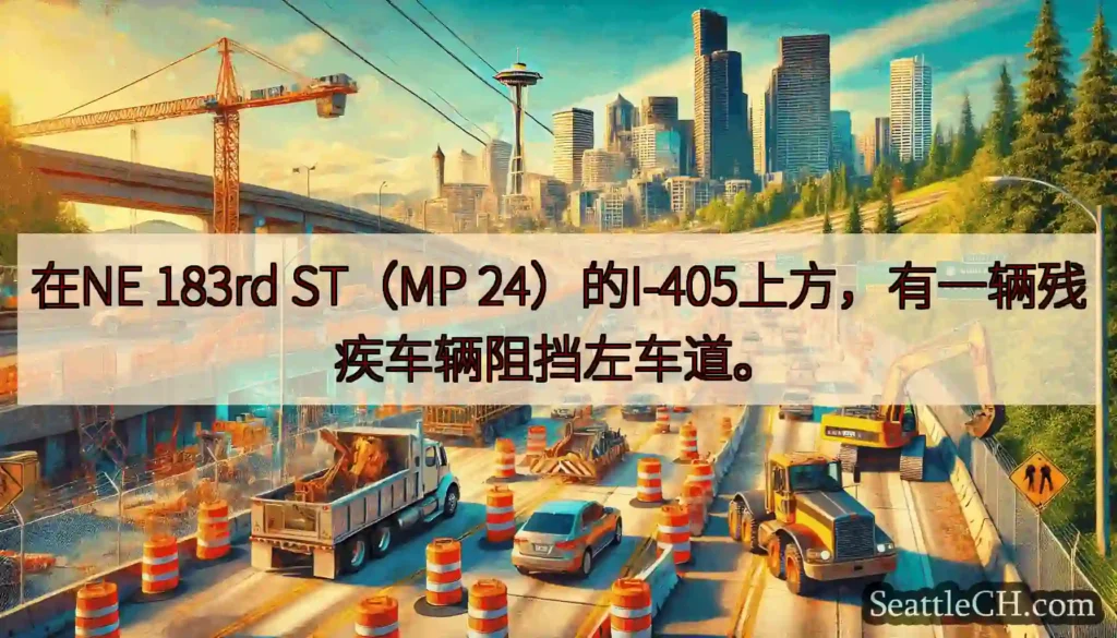 在NE 183rd ST（MP 24）的I-405上方，有一辆残疾车辆阻挡左车道。