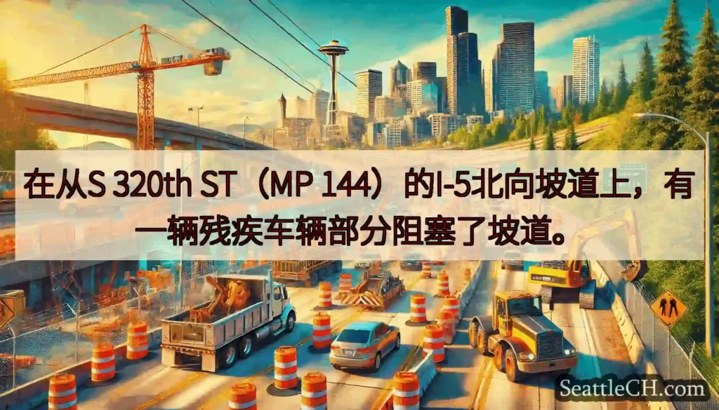 在从S 320th ST（MP 144）的I-5北向坡道上，有一辆残疾车辆部分阻塞了坡道。