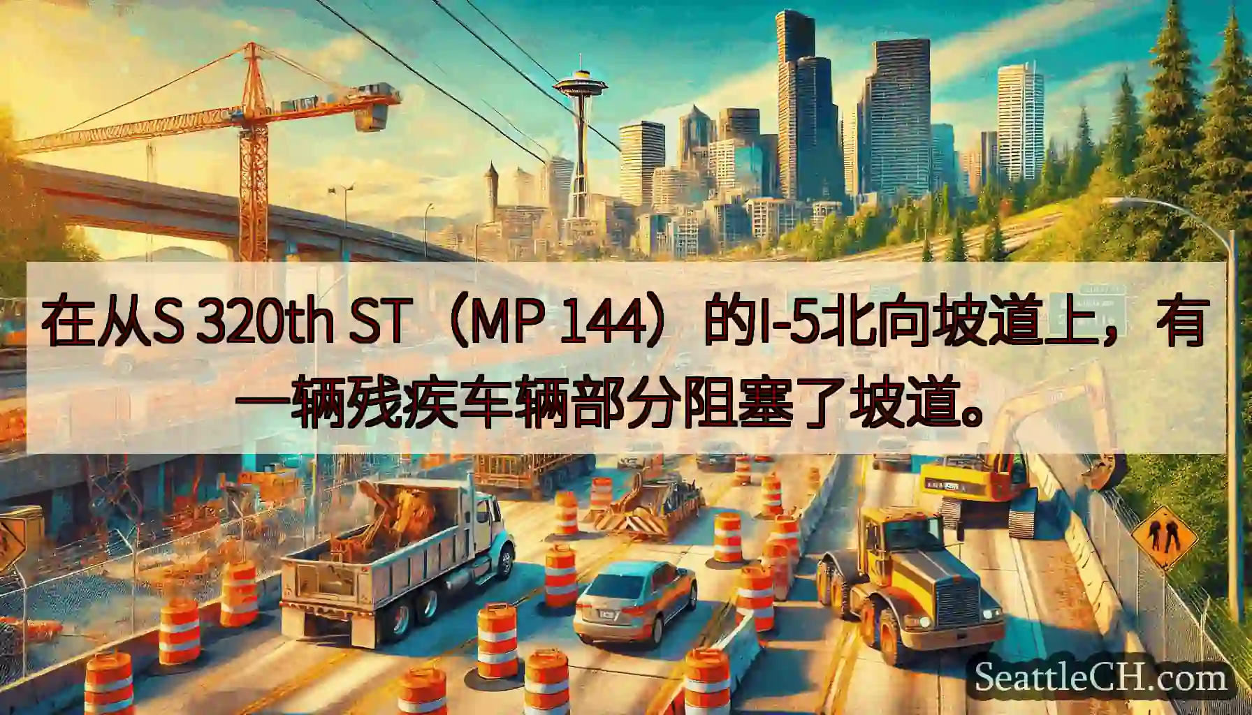 在从S 320th ST（MP 144）的I-5北向坡道上，有一辆残疾车辆部分阻塞了坡道。