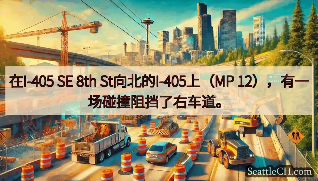在I-405 SE 8th St向北的I-405上（MP 12），有一场碰撞阻挡了右车道。