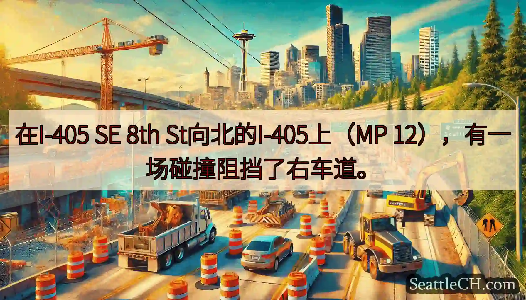 在I-405 SE 8th St向北的I-405上（MP 12），有一场碰撞阻挡了右车道。
