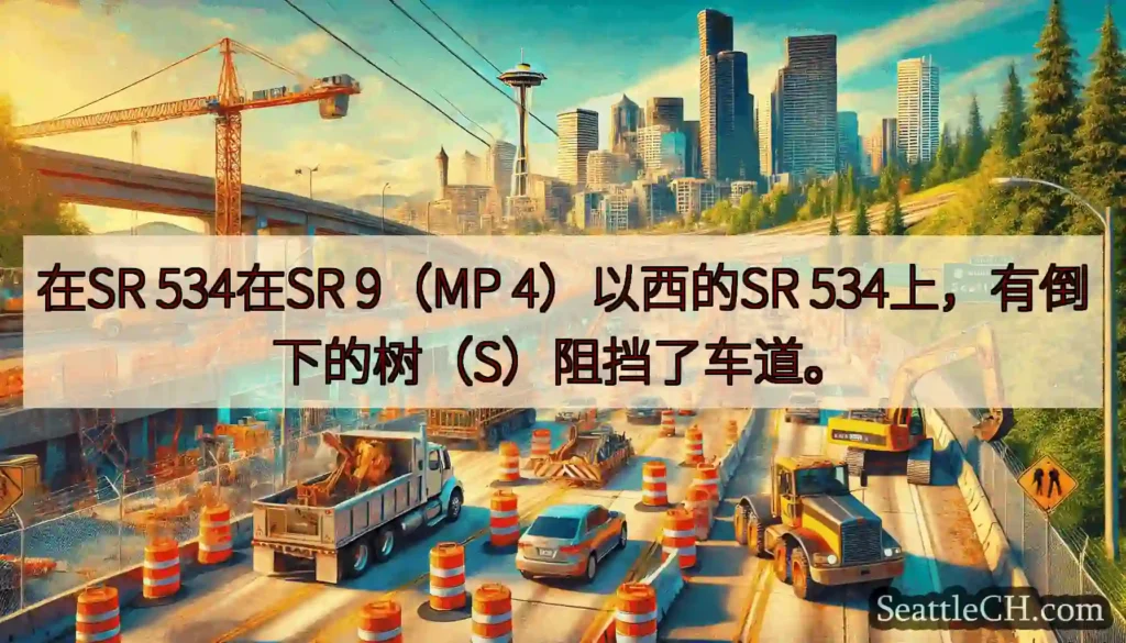 在SR 534在SR 9（MP 4）以西的SR 534上，有倒下的树（S）阻挡了车道。