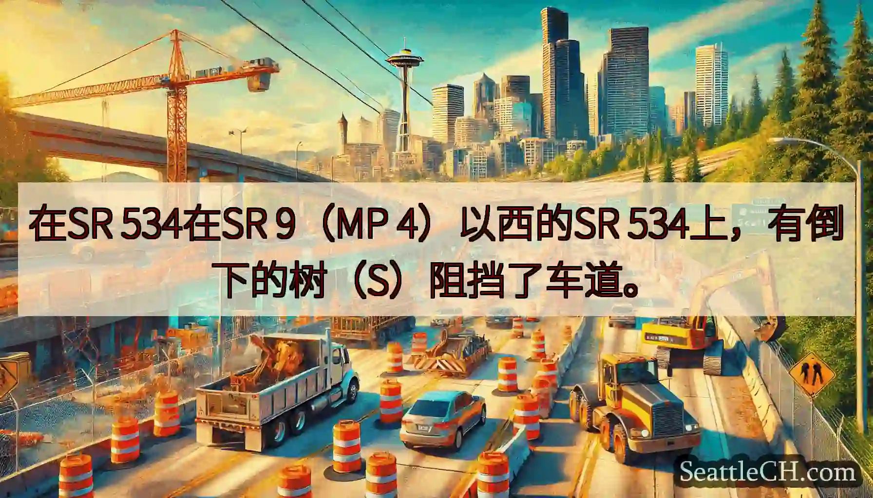 在SR 534在SR 9（MP 4）以西的SR 534上，有倒下的树（S）阻挡了车道。