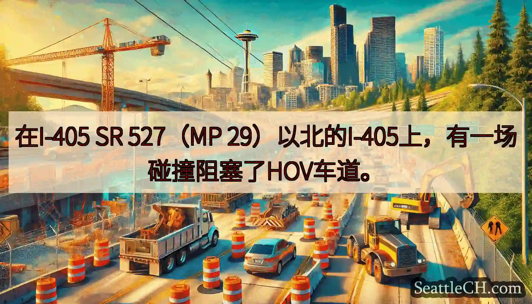 在I-405 SR 527（MP 29）以北的I-405上，有一场碰撞阻塞了HOV车道。