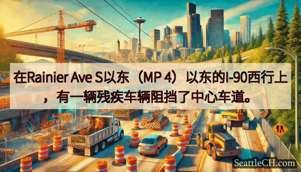 在Rainier Ave S以东（MP 4）以东的I-90西行上，有一辆残疾车辆阻挡了中心车道。