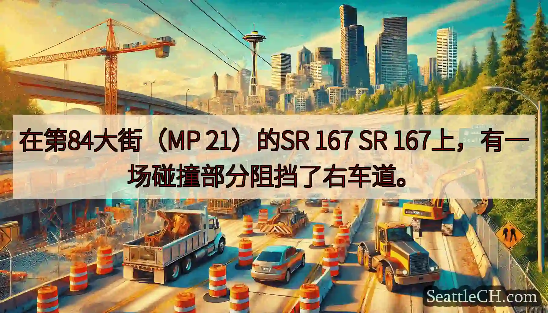 在第84大街（MP 21）的SR 167 SR 167上，有一场碰撞部分阻挡了右车道。