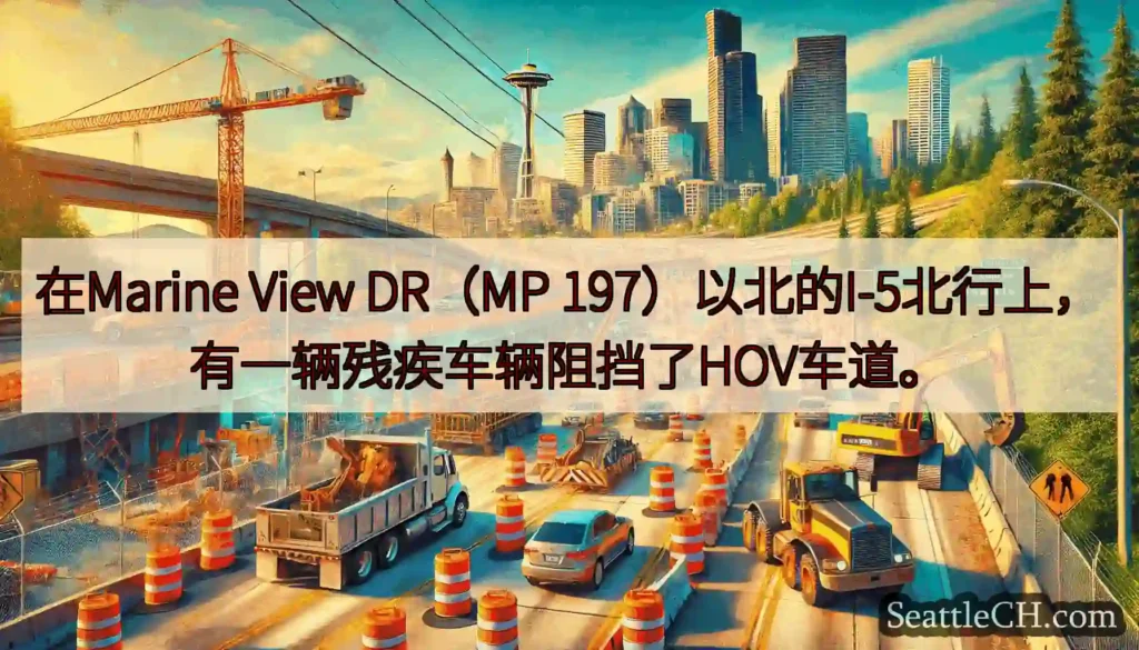 在Marine View DR（MP 197）以北的I-5北行上，有一辆残疾车辆阻挡了HOV车道。