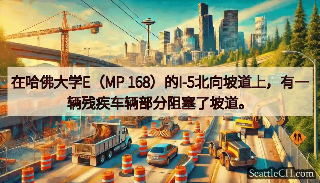 在哈佛大学E（MP 168）的I-5北向坡道上，有一辆残疾车辆部分阻塞了坡道。
