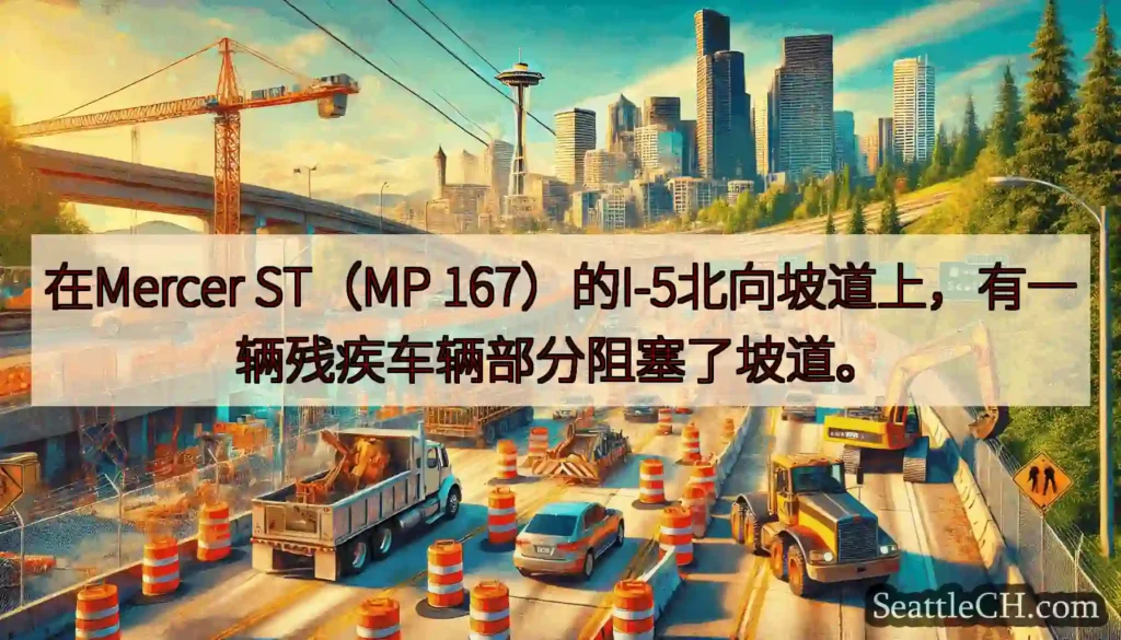 在Mercer ST（MP 167）的I-5北向坡道上，有一辆残疾车辆部分阻塞了坡道。