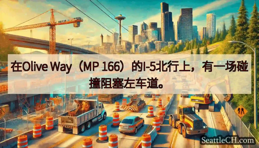 在Olive Way（MP 166）的I-5北行上，有一场碰撞阻塞左车道。