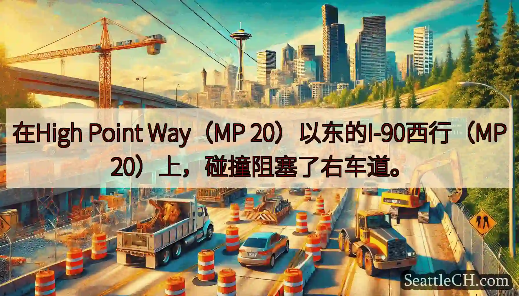 在High Point Way（MP 20）以东的I-90西行（MP 20）上，碰撞阻塞了右车道。