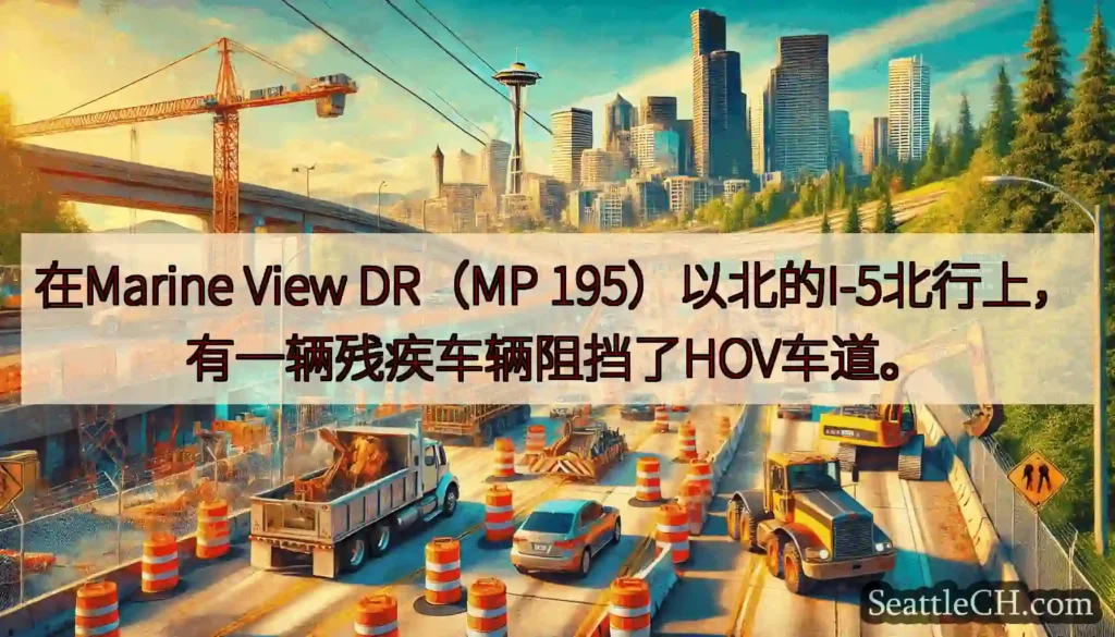 在Marine View DR（MP 195）以北的I-5北行上，有一辆残疾车辆阻挡了HOV车道。