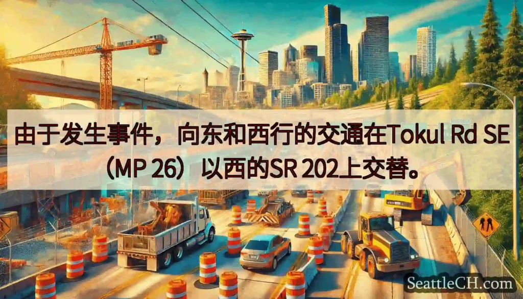 由于发生事件，向东和西行的交通在Tokul Rd SE（MP 26）以西的SR 202上交替。