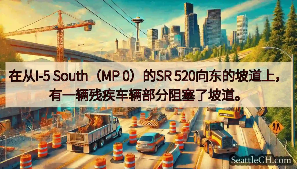 在从I-5 South（MP 0）的SR 520向东的坡道上，有一辆残疾车辆部分阻塞了坡道。
